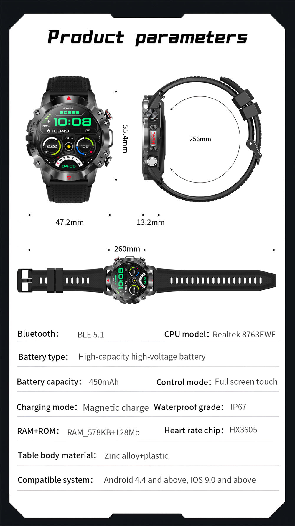 KR10 Smart Watch Fitness Tracker IP67 Waterproof Smart Watches 1.39” Full Screen Touch Compatible For Android IOS Phones