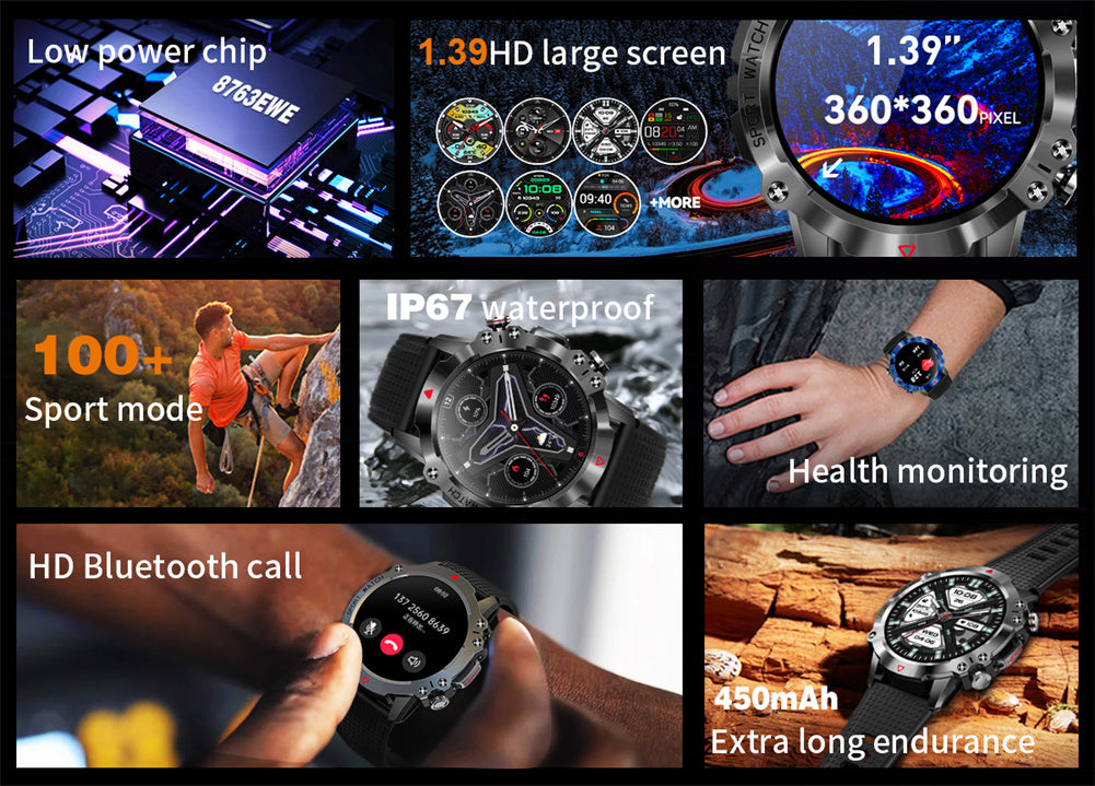 KR10 Smart Watch Fitness Tracker IP67 Waterproof Smart Watches 1.39” Full Screen Touch Compatible For Android IOS Phones
