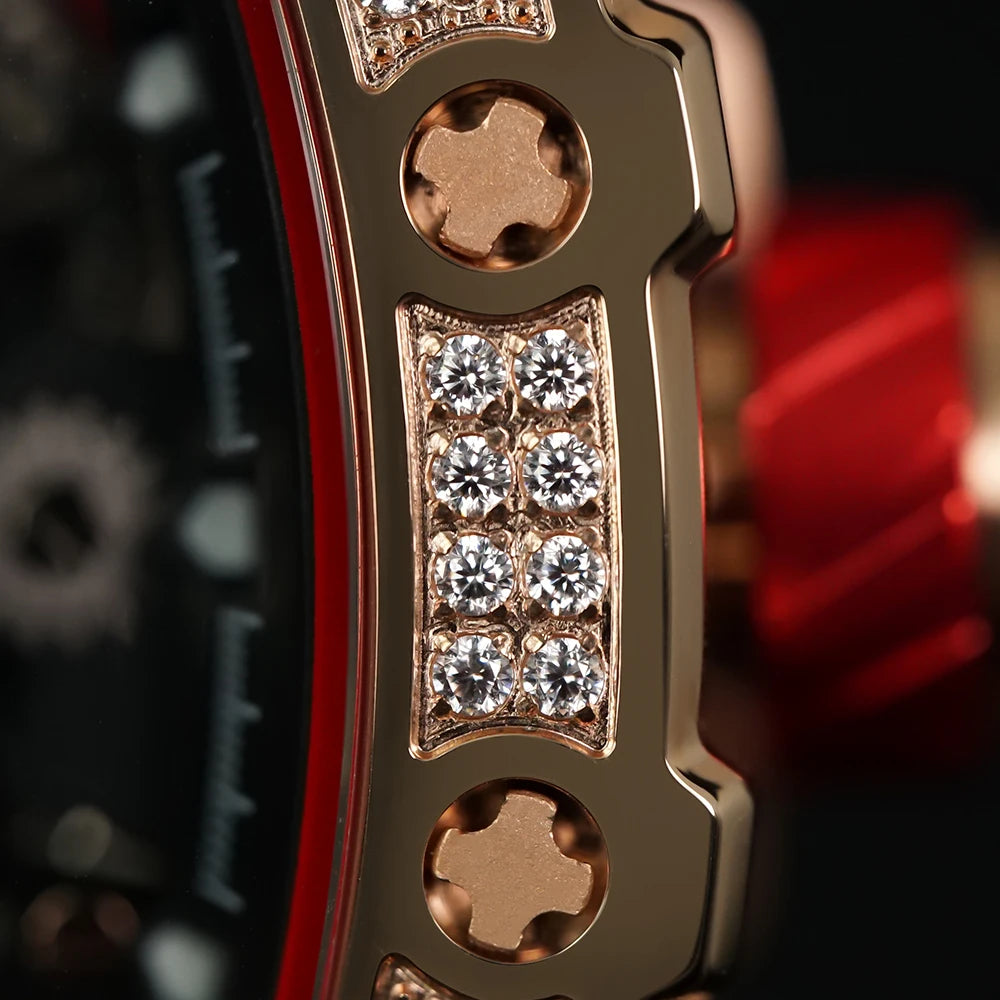 TSAR BOMBA Rose Gold Mens Automatic Watch Mechanical Wristwatch Sapphire Clock Fashion Skeleton Watch New Year Gift for Men