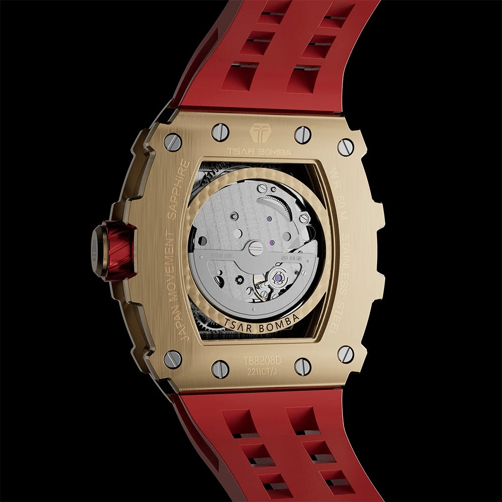 TSAR BOMBA Rose Gold Mens Automatic Watch Mechanical Wristwatch Sapphire Clock Fashion Skeleton Watch New Year Gift for Men