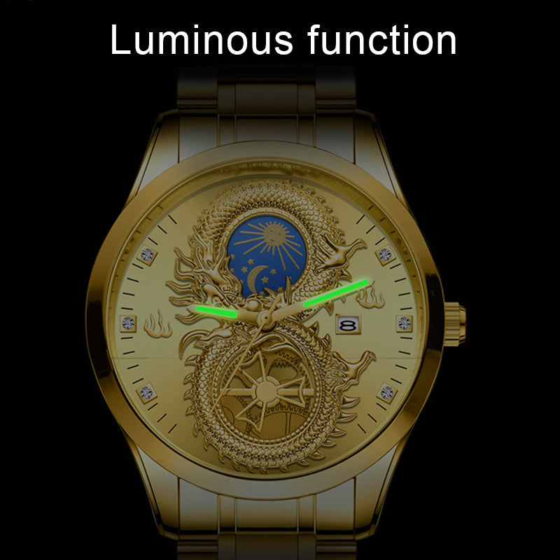 Newly Dragon Phoenix Men's Luxury Business Watch Moon and Star Glow in the Dark Calendar Gold Plated Waterproof