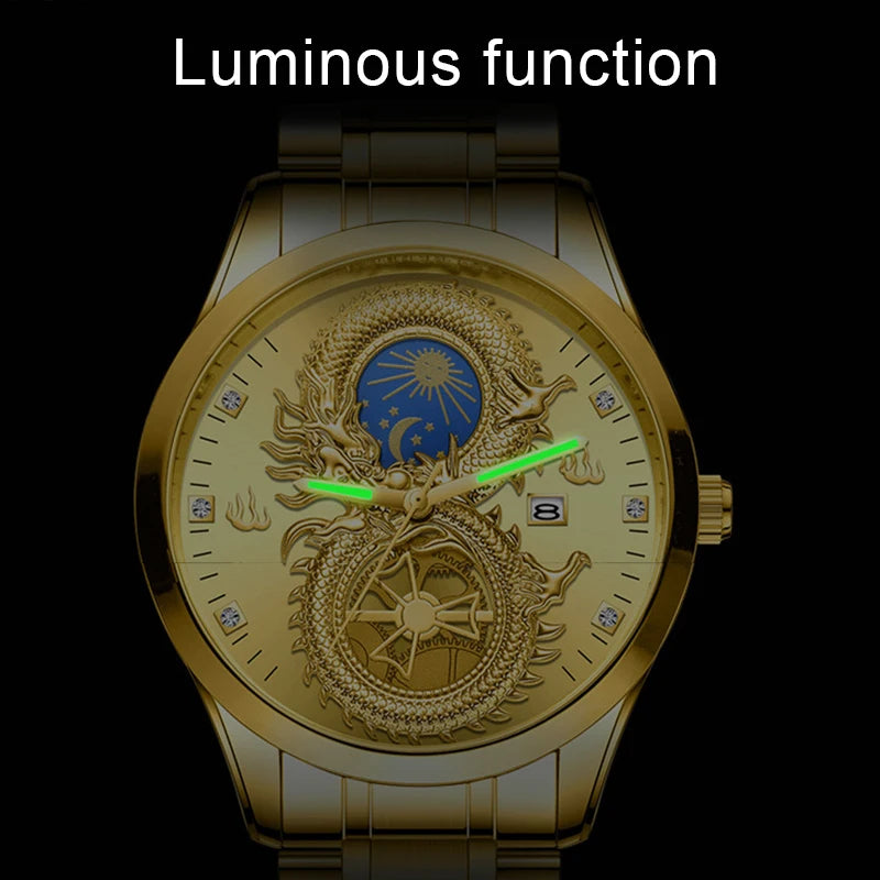 Newly Dragon Phoenix Men's Luxury Business Watch Moon and Star Glow in the Dark Calendar Gold Plated Waterproof