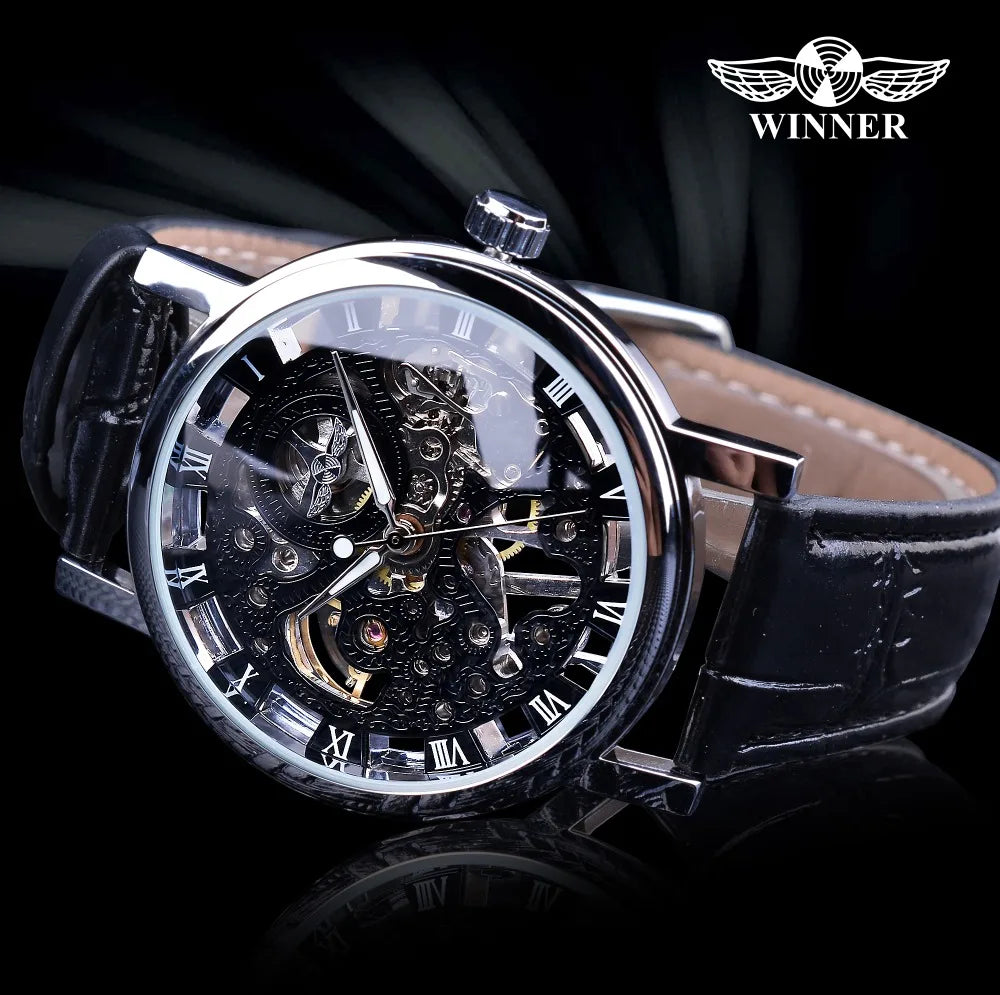 Winner Transparent Golden Case Luxury Casual Design Brown Leather Strap Mens Watches Top Brand Luxury Mechanical Skeleton Watch