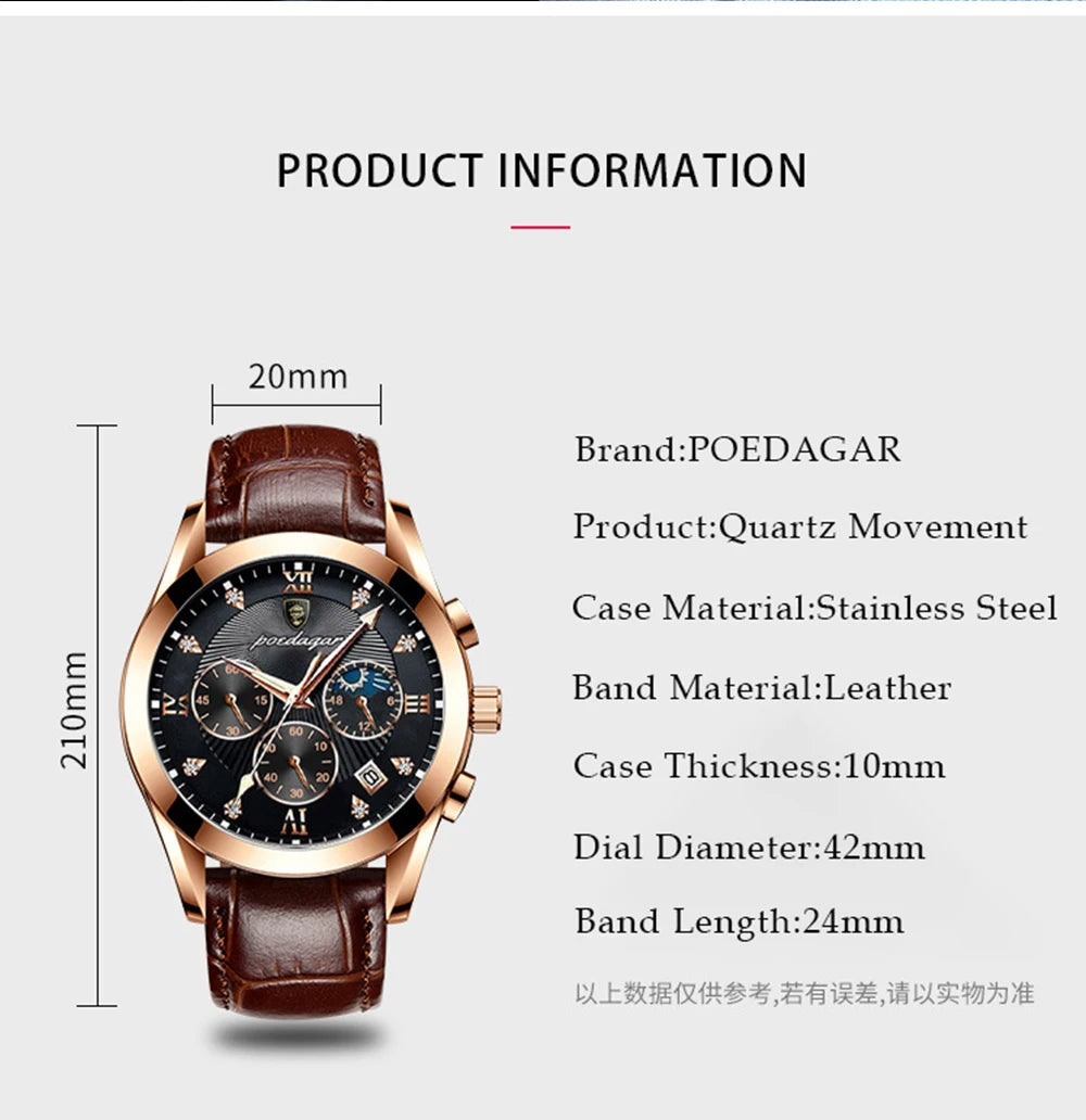POEDAGAR Men Watch New Top Brand Luxury Waterproof Luminous Sport Wristwatch Quartz Military Genuine Leather Relogio Masculino
