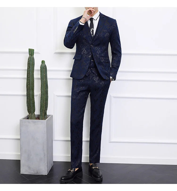 High-end Brand Suit Men Clothing Fashion Business Banquet Wedding Blazers Jacket with Vest and Pants Black / Blue Size 6XL