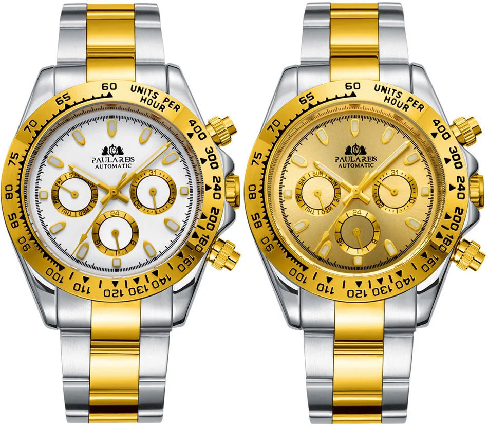 Automatic Watches Self Wind Mechanical Gold Stainless Steel Glacier Ice Blue Dial Chestnut Brown Bezel Luminous Men Watch