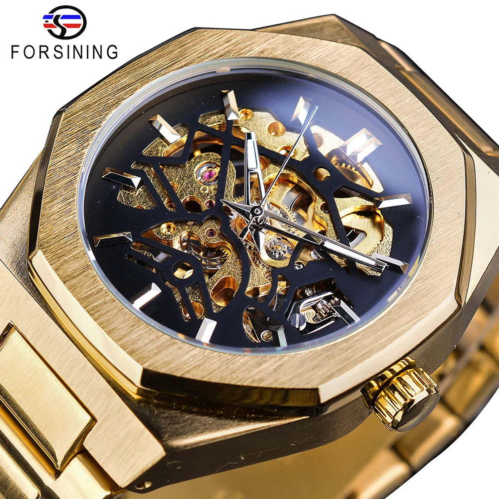 Forsining Fashion Steampunk Men's Automatic Mechanical Watch Hollow Skeleton Design Black Dial Waterproof Business Wristwatches