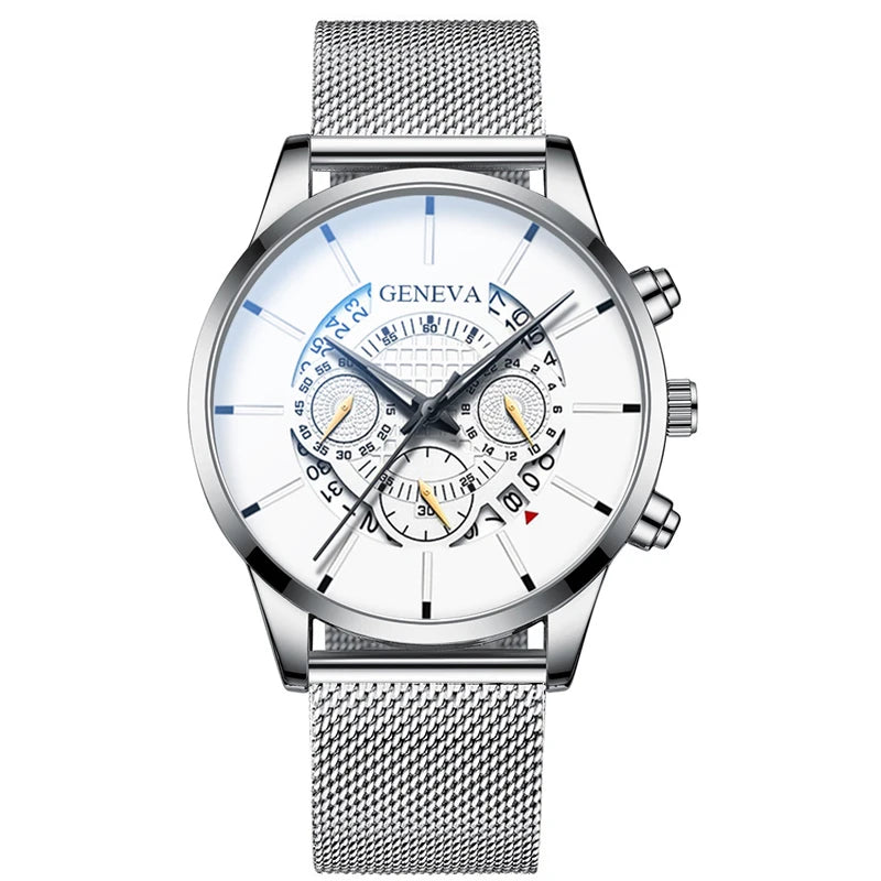 reloj hombre Mens Fashion Business Calendar Watches Blue Stainless Steel Mesh Belt Analog Quartz Wrist Watch relogio masculino