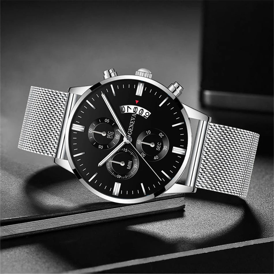 2023 Men's Fashion Business Calendar Watches Men Luxury Blue Stainless Steel Mesh Belt Analog Quartz Watch relogio masculino