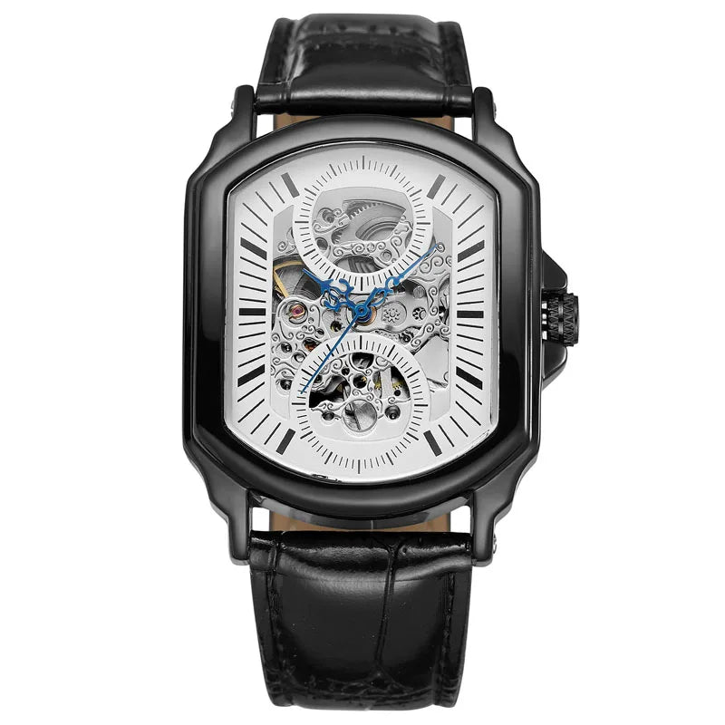 Luxury Mens Watches Tonneau Silver Transparent Skeleton Watch for Men Mechanical Hollow Out Wristwatches Stainless Steel Strap