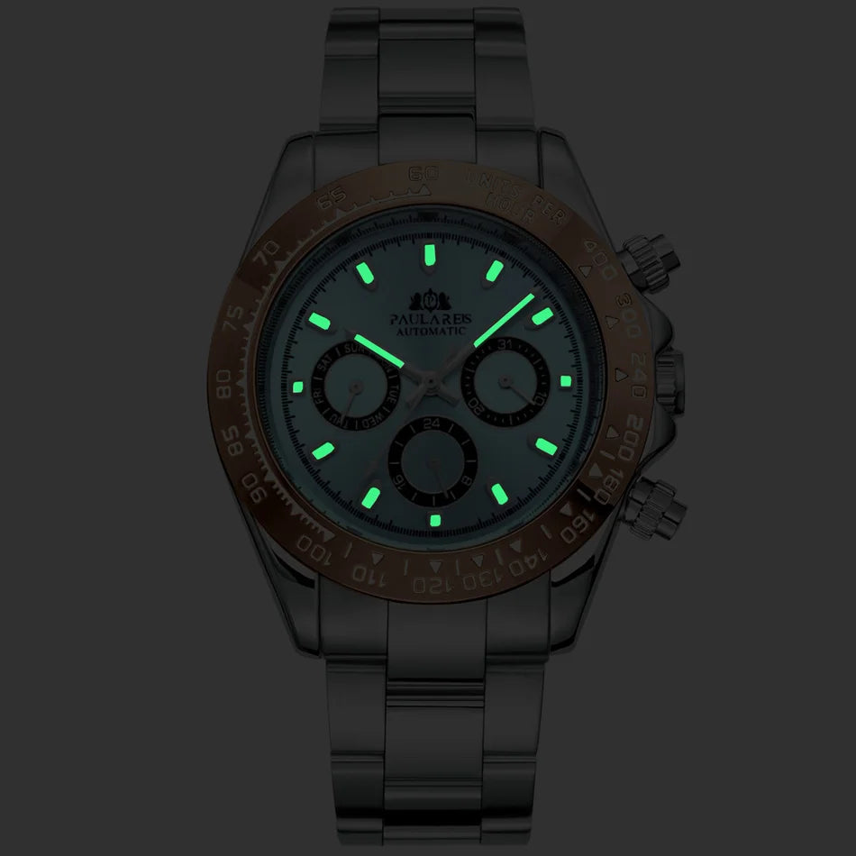 Automatic Watches Self Wind Mechanical Gold Stainless Steel Glacier Ice Blue Dial Chestnut Brown Bezel Luminous Men Watch