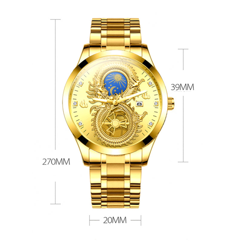 Newly Dragon Phoenix Men's Luxury Business Watch Moon and Star Glow in the Dark Calendar Gold Plated Waterproof