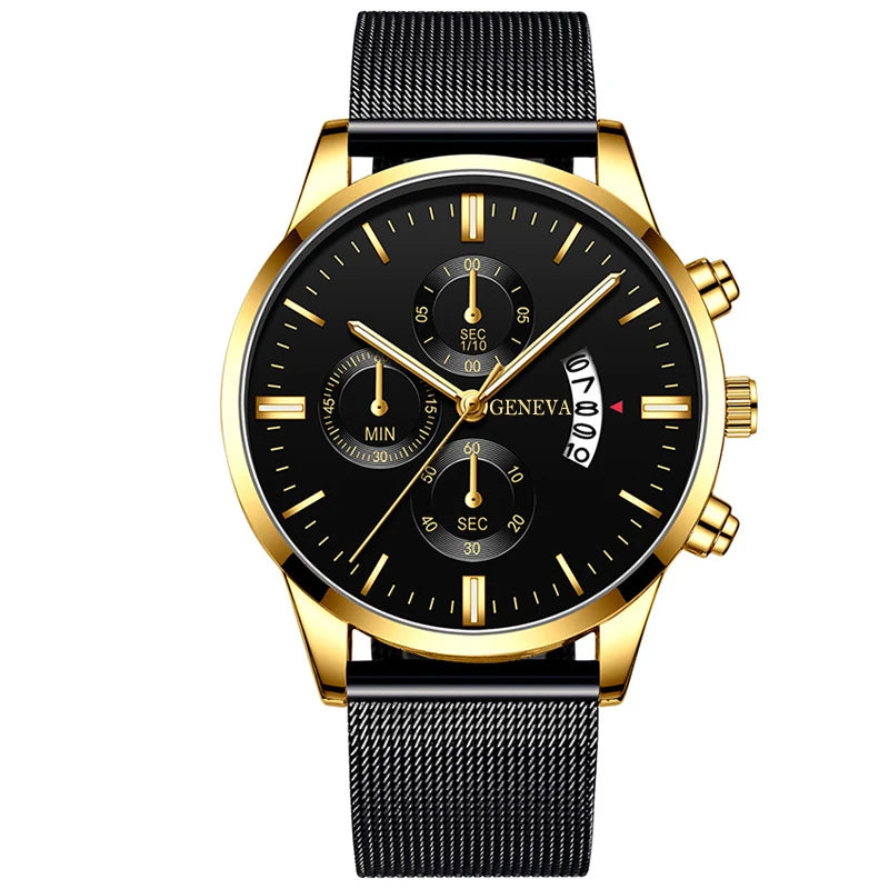 2023 Men's Fashion Business Calendar Watches Men Luxury Blue Stainless Steel Mesh Belt Analog Quartz Watch relogio masculino