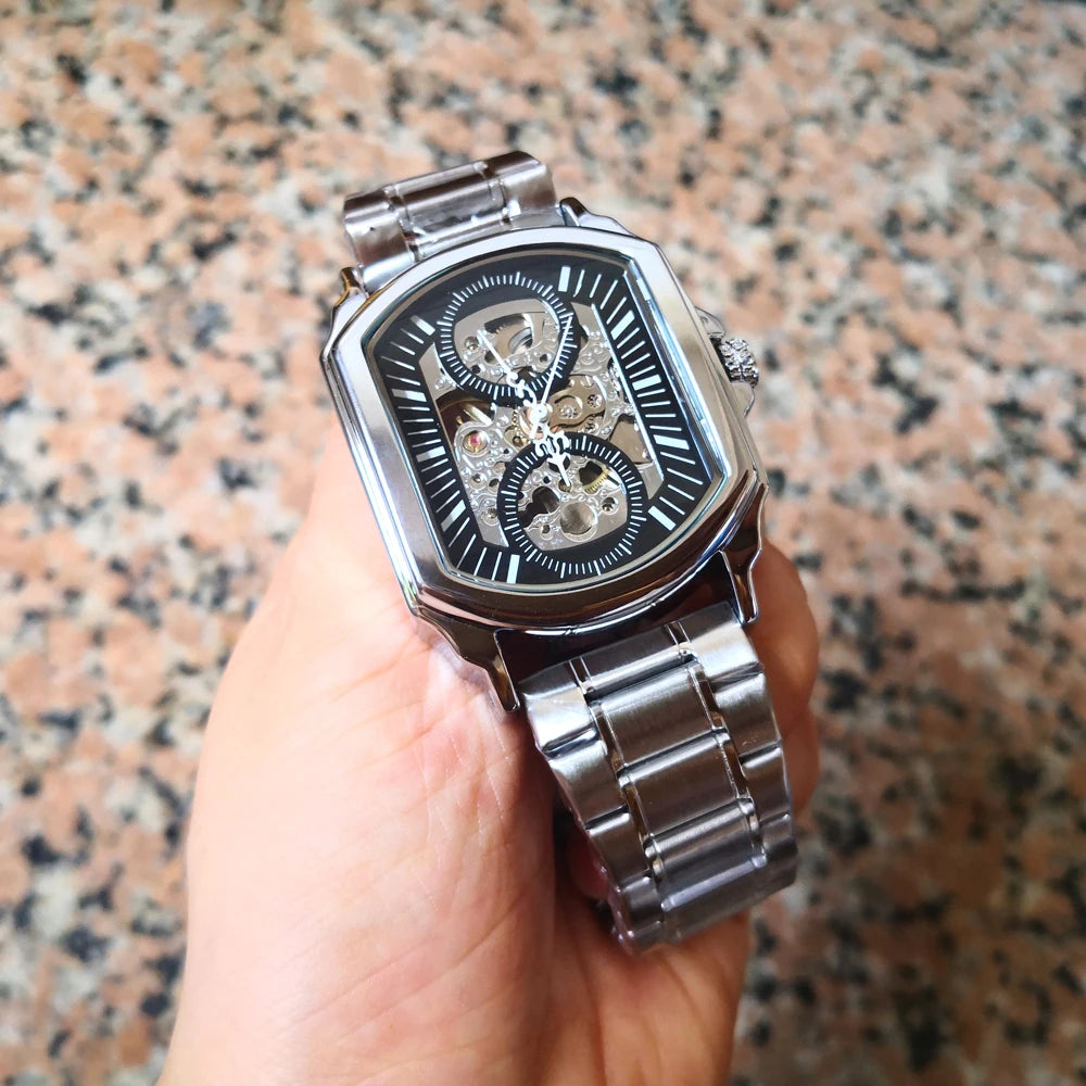 Luxury Mens Watches Tonneau Silver Transparent Skeleton Watch for Men Mechanical Hollow Out Wristwatches Stainless Steel Strap