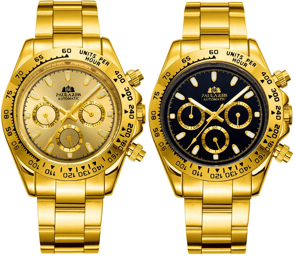 Automatic Watches Self Wind Mechanical Gold Stainless Steel Glacier Ice Blue Dial Chestnut Brown Bezel Luminous Men Watch