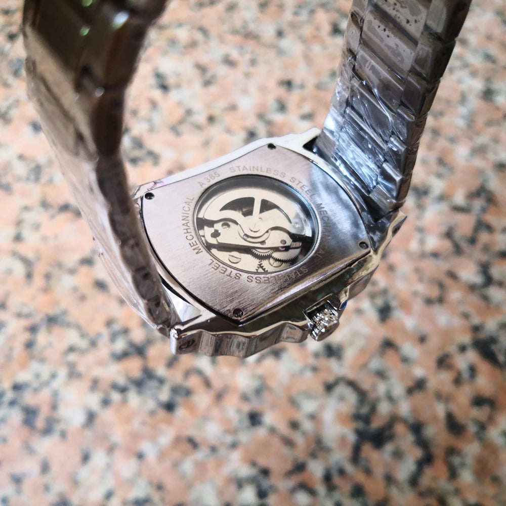 Luxury Mens Watches Tonneau Silver Transparent Skeleton Watch for Men Mechanical Hollow Out Wristwatches Stainless Steel Strap