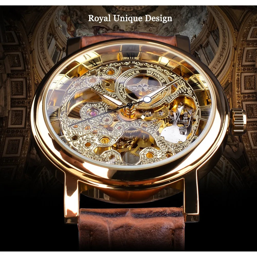 Winner Transparent Golden Case Luxury Casual Design Brown Leather Strap Mens Watches Top Brand Luxury Mechanical Skeleton Watch