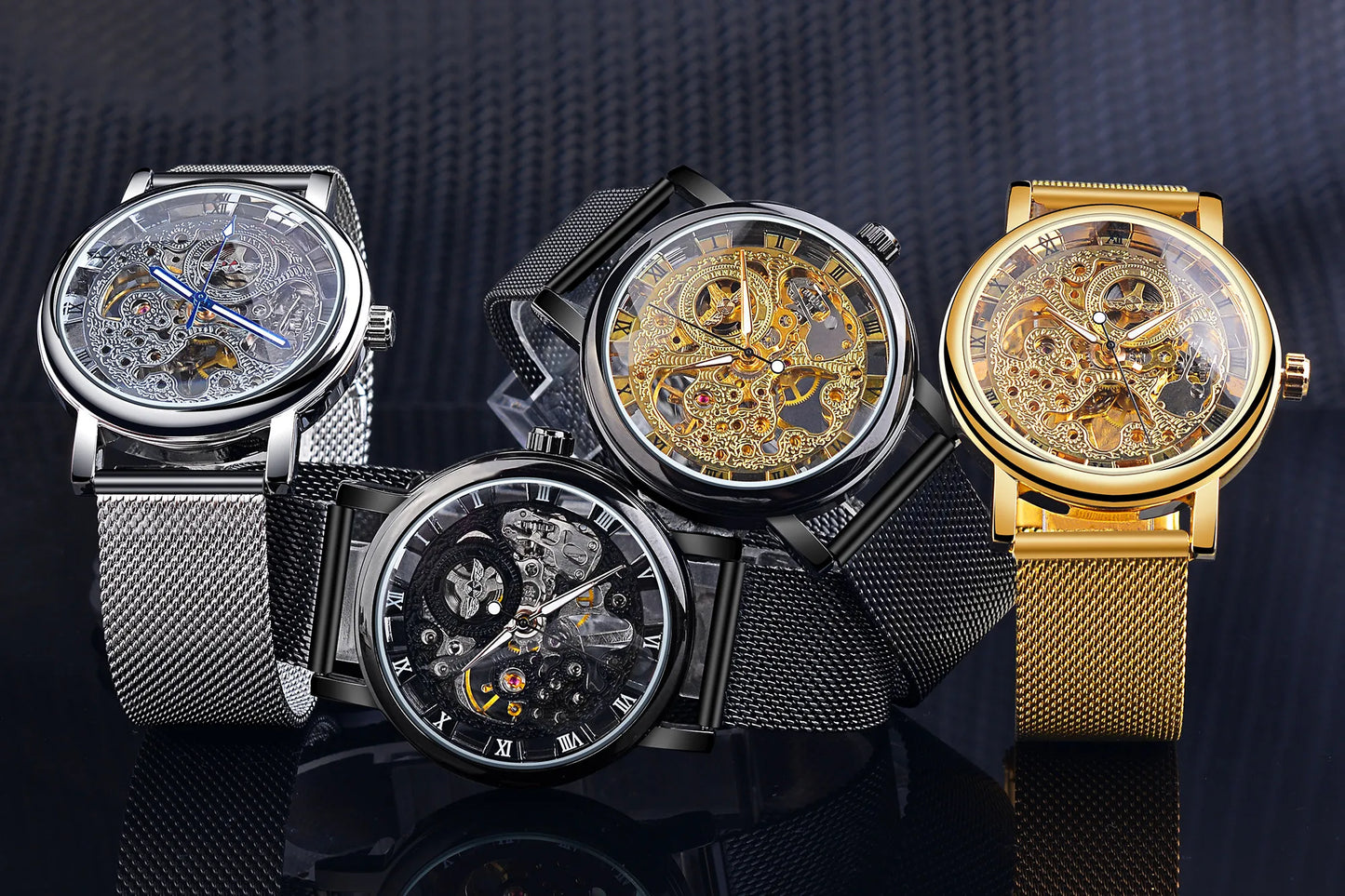 Winner Transparent Golden Case Luxury Casual Design Brown Leather Strap Mens Watches Top Brand Luxury Mechanical Skeleton Watch