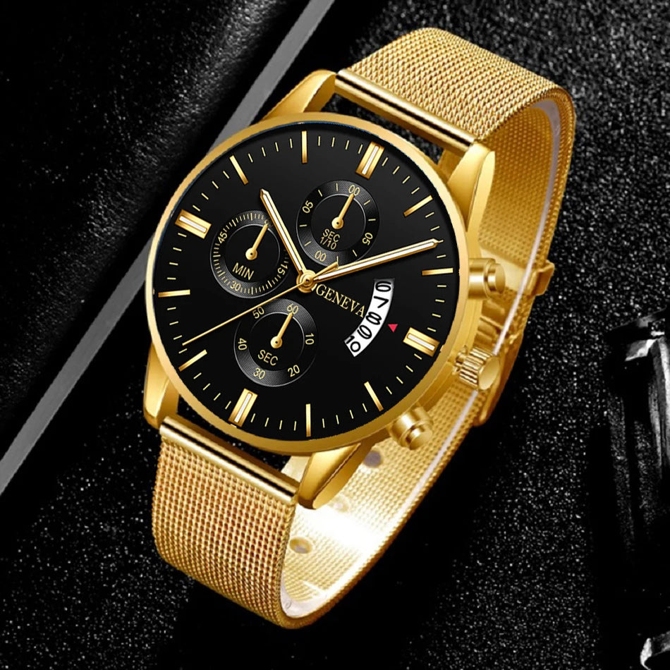 2023 Men's Fashion Business Calendar Watches Men Luxury Blue Stainless Steel Mesh Belt Analog Quartz Watch relogio masculino
