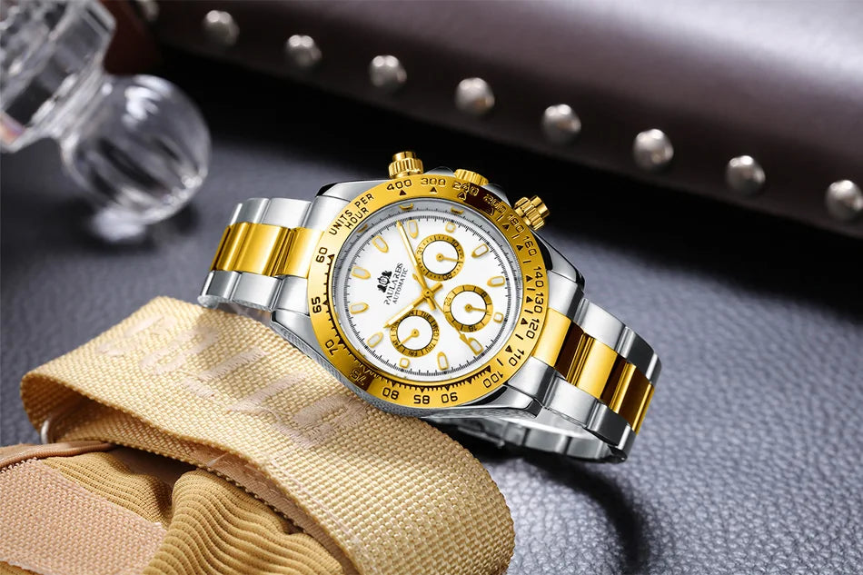 Automatic Watches Self Wind Mechanical Gold Stainless Steel Glacier Ice Blue Dial Chestnut Brown Bezel Luminous Men Watch