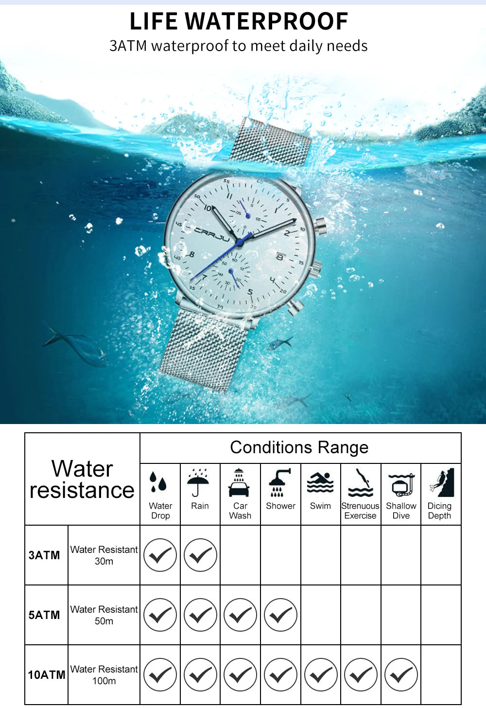 Mens Watch CRRJU Luxury Top Brand Men Stainless Steel WristWatch Men's Military waterproof Date Quartz watches relogio masculino