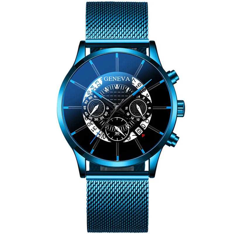 reloj hombre Mens Fashion Business Calendar Watches Blue Stainless Steel Mesh Belt Analog Quartz Wrist Watch relogio masculino