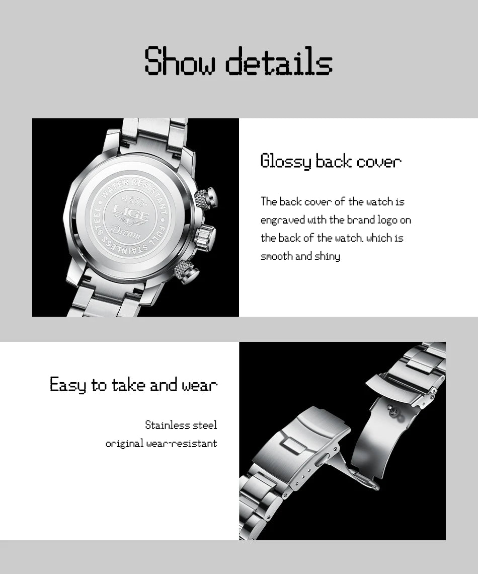 Man Watch LIGE Luxury Stainless Steel Mens Watch Male Military Sport Waterproof Big Watches Men Quartz Clock Relogios Masculino