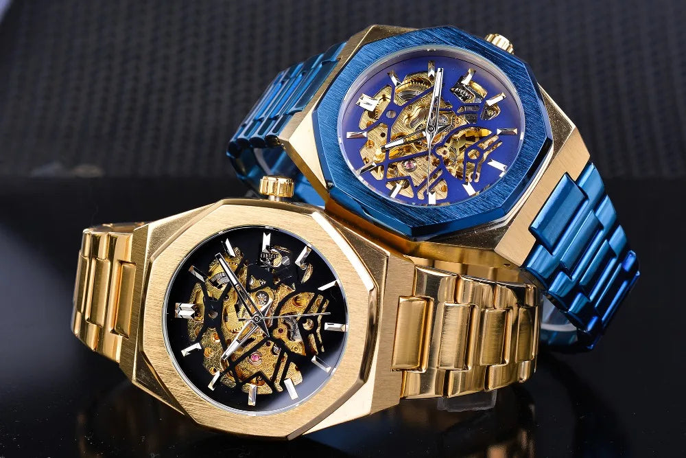 Forsining Fashion Steampunk Men's Automatic Mechanical Watch Hollow Skeleton Design Black Dial Waterproof Business Wristwatches