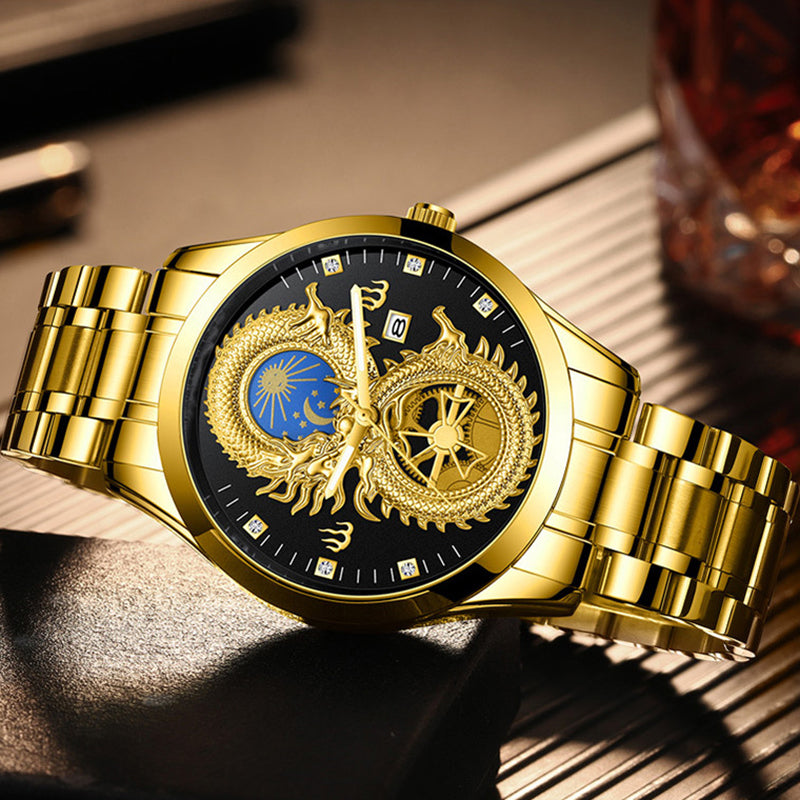 Newly Dragon Phoenix Men's Luxury Business Watch Moon and Star Glow in the Dark Calendar Gold Plated Waterproof