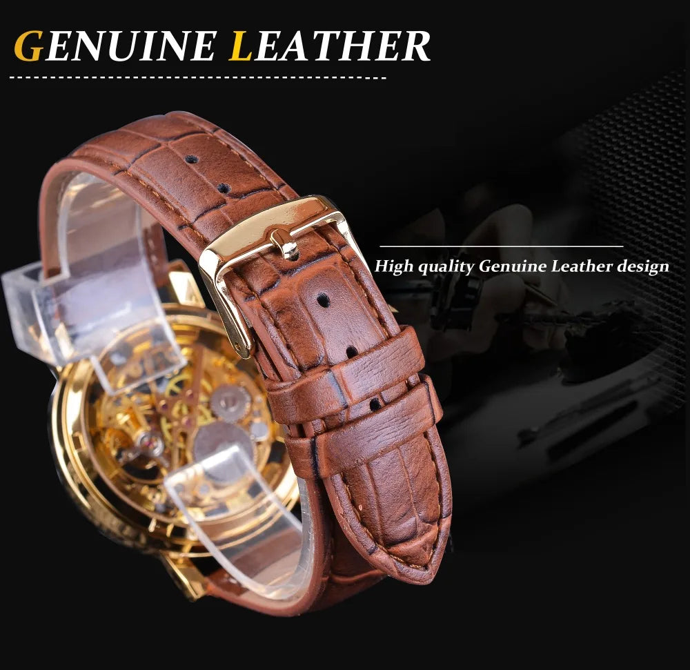 Winner Transparent Golden Case Luxury Casual Design Brown Leather Strap Mens Watches Top Brand Luxury Mechanical Skeleton Watch