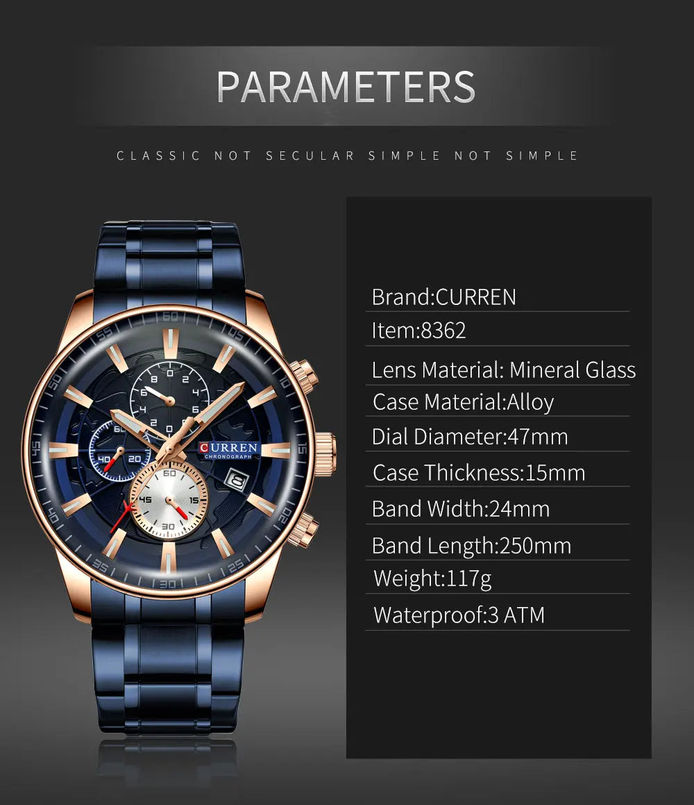 CURREN Man WristWatch Waterproof Chronograph Men Watch Military Top Brand Luxury Gold Stainless Steel Sport Date Male Clock 8362