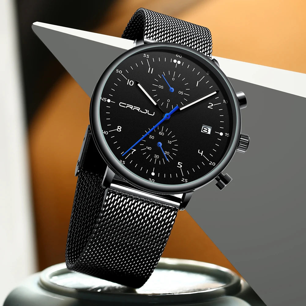 Mens Watch CRRJU Luxury Top Brand Men Stainless Steel WristWatch Men's Military waterproof Date Quartz watches relogio masculino