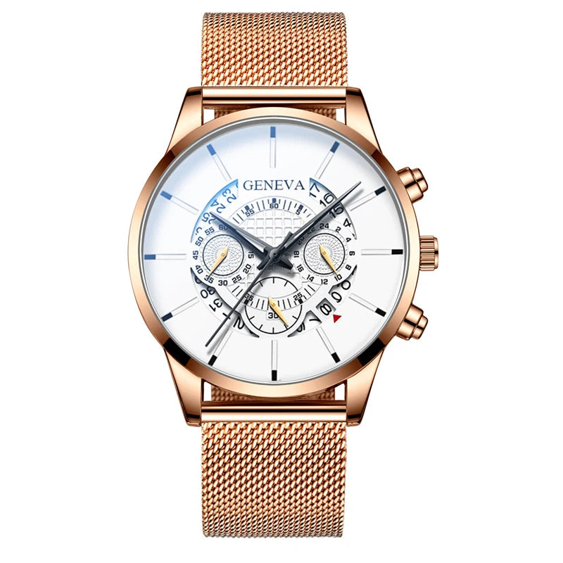 reloj hombre Mens Fashion Business Calendar Watches Blue Stainless Steel Mesh Belt Analog Quartz Wrist Watch relogio masculino