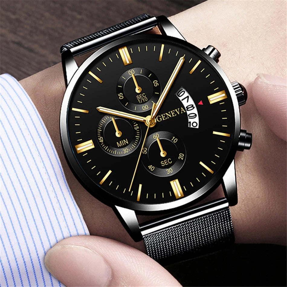 2023 Men's Fashion Business Calendar Watches Men Luxury Blue Stainless Steel Mesh Belt Analog Quartz Watch relogio masculino