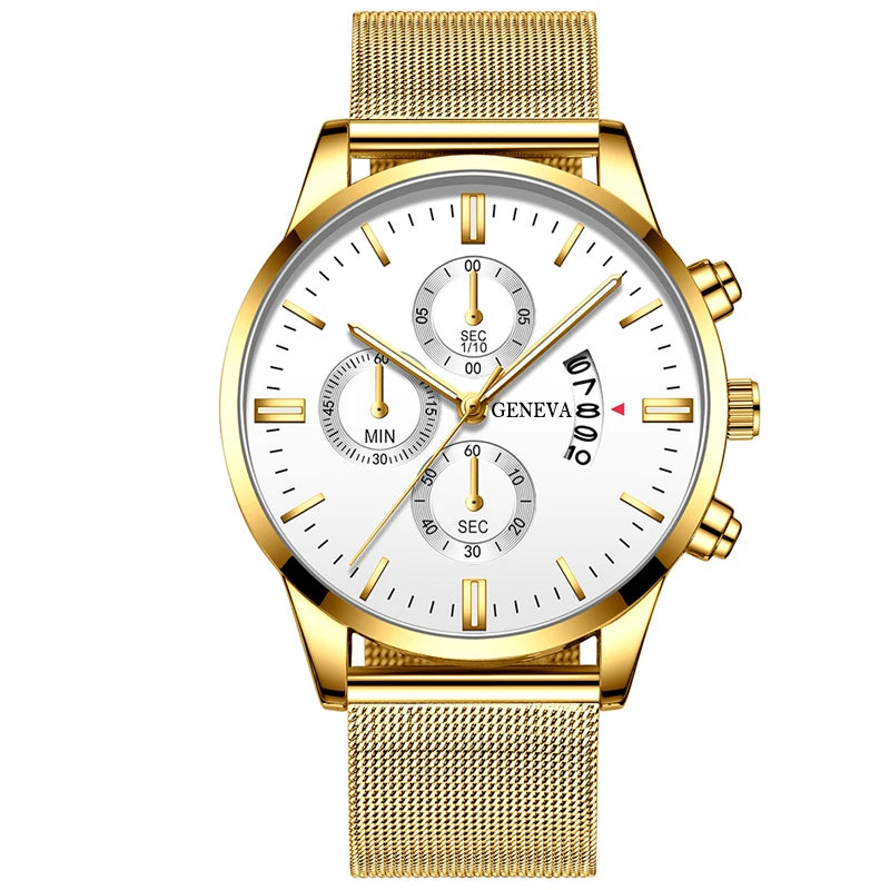 2023 Men's Fashion Business Calendar Watches Men Luxury Blue Stainless Steel Mesh Belt Analog Quartz Watch relogio masculino