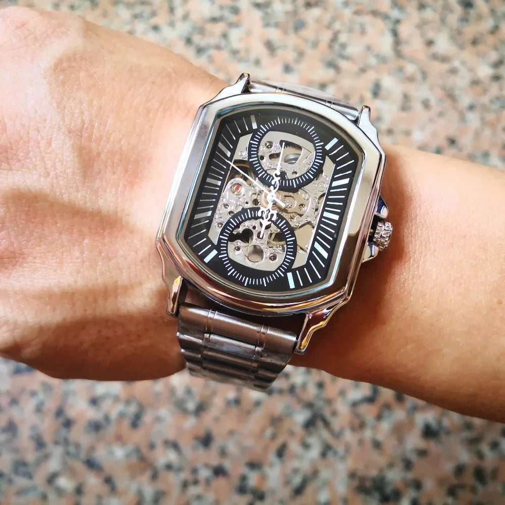 Luxury Mens Watches Tonneau Silver Transparent Skeleton Watch for Men Mechanical Hollow Out Wristwatches Stainless Steel Strap