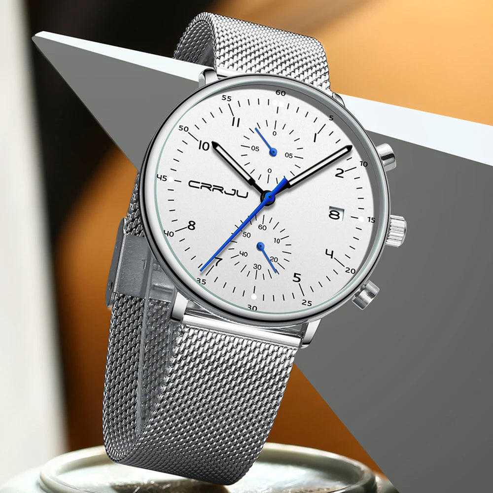 Mens Watch CRRJU Luxury Top Brand Men Stainless Steel WristWatch Men's Military waterproof Date Quartz watches relogio masculino