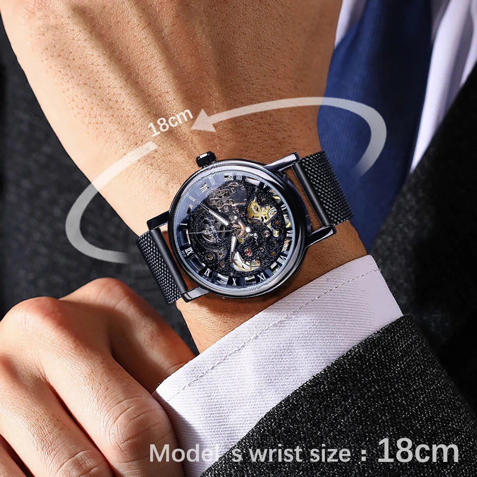 Winner Transparent Golden Case Luxury Casual Design Brown Leather Strap Mens Watches Top Brand Luxury Mechanical Skeleton Watch