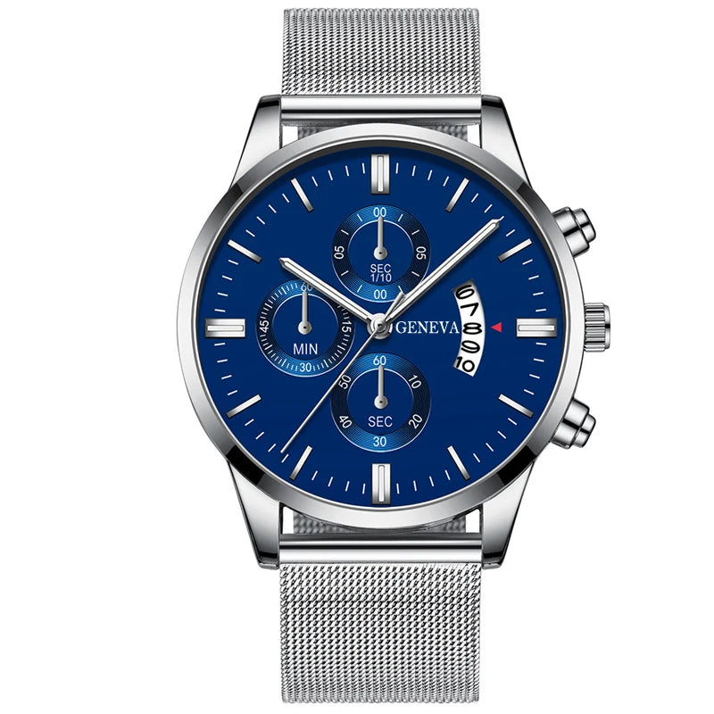 2023 Men's Fashion Business Calendar Watches Men Luxury Blue Stainless Steel Mesh Belt Analog Quartz Watch relogio masculino