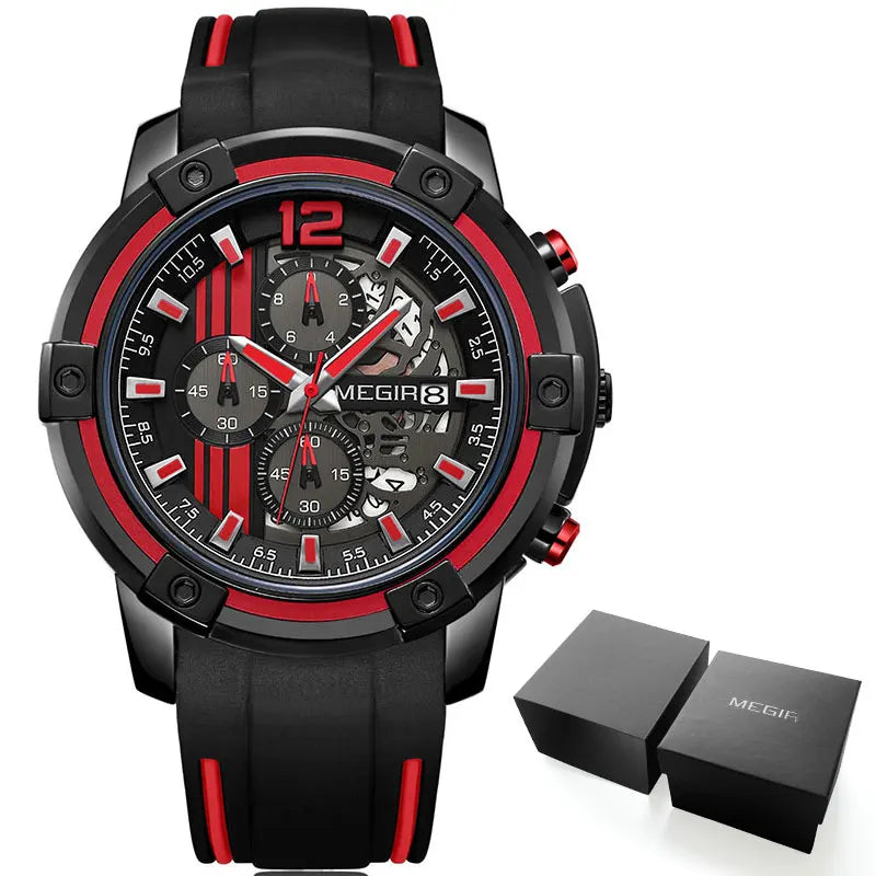 Megir Men's Sports Quartz Watches Army Military Chronograph Wristwatch for Man Luminous Relogios Masculino Clock 2097 Black Red