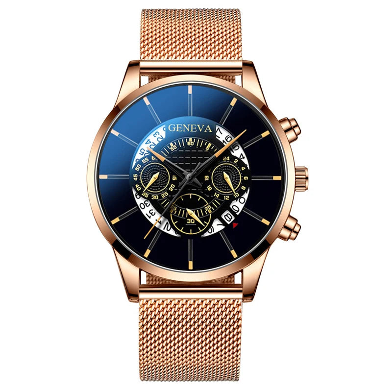 reloj hombre Mens Fashion Business Calendar Watches Blue Stainless Steel Mesh Belt Analog Quartz Wrist Watch relogio masculino