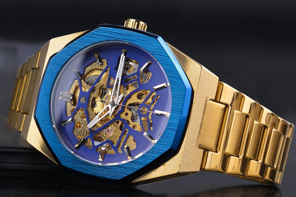 Forsining Fashion Steampunk Men's Automatic Mechanical Watch Hollow Skeleton Design Black Dial Waterproof Business Wristwatches