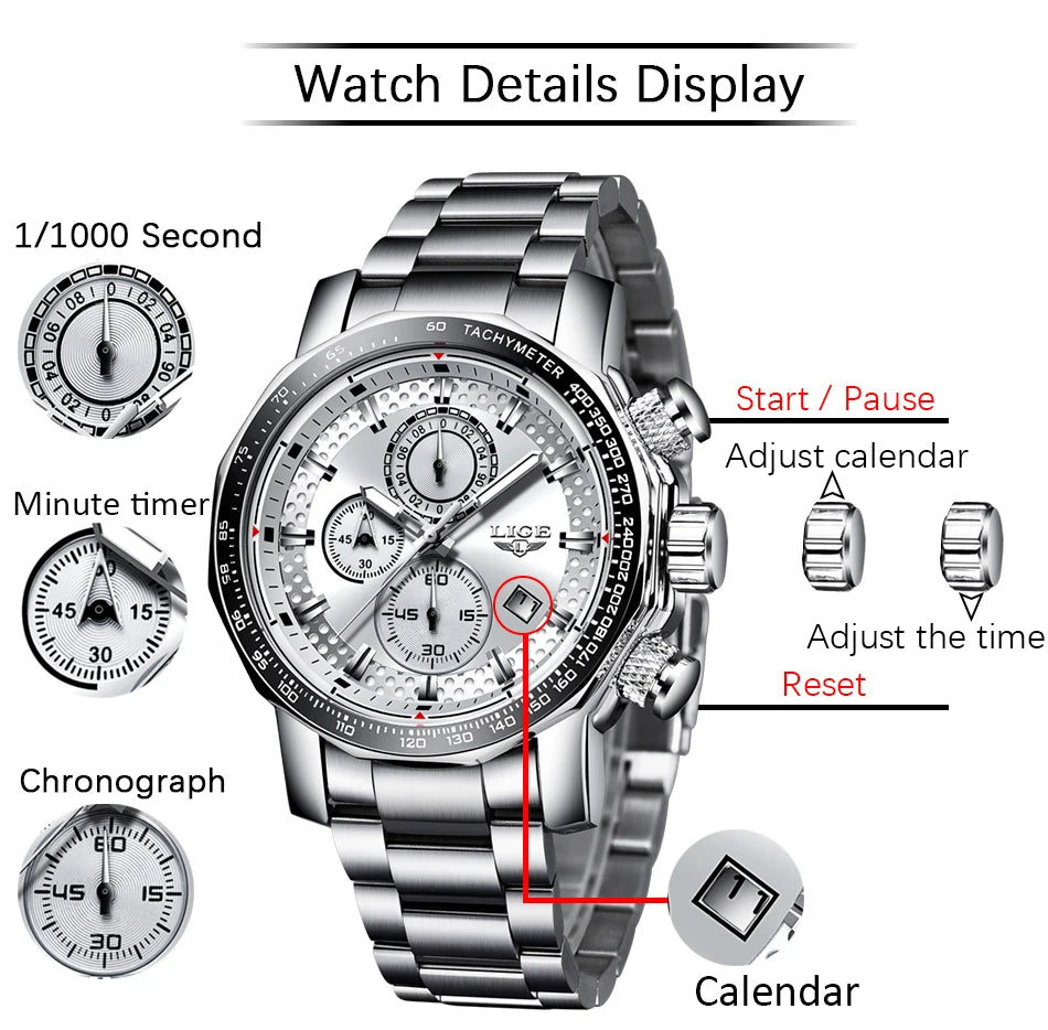 Man Watch LIGE Luxury Stainless Steel Mens Watch Male Military Sport Waterproof Big Watches Men Quartz Clock Relogios Masculino