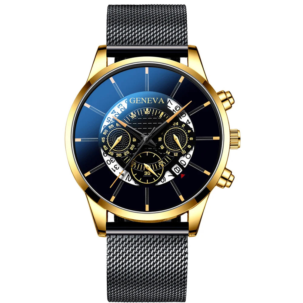 reloj hombre Mens Fashion Business Calendar Watches Blue Stainless Steel Mesh Belt Analog Quartz Wrist Watch relogio masculino