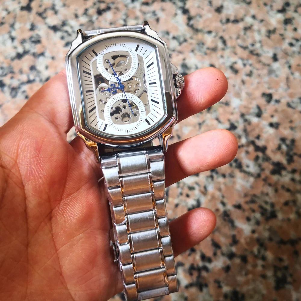 Luxury Mens Watches Tonneau Silver Transparent Skeleton Watch for Men Mechanical Hollow Out Wristwatches Stainless Steel Strap