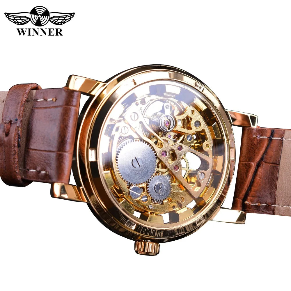 Winner Transparent Golden Case Luxury Casual Design Brown Leather Strap Mens Watches Top Brand Luxury Mechanical Skeleton Watch