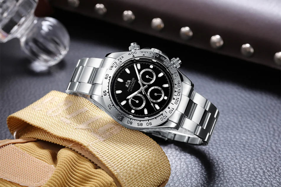 Automatic Watches Self Wind Mechanical Gold Stainless Steel Glacier Ice Blue Dial Chestnut Brown Bezel Luminous Men Watch