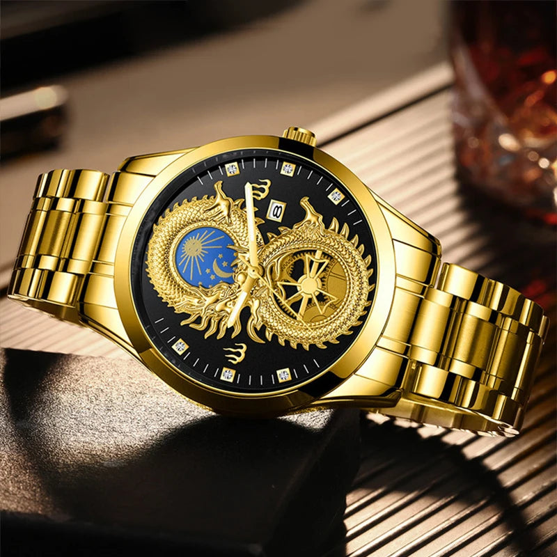 Newly Dragon Phoenix Men's Luxury Business Watch Moon and Star Glow in the Dark Calendar Gold Plated Waterproof