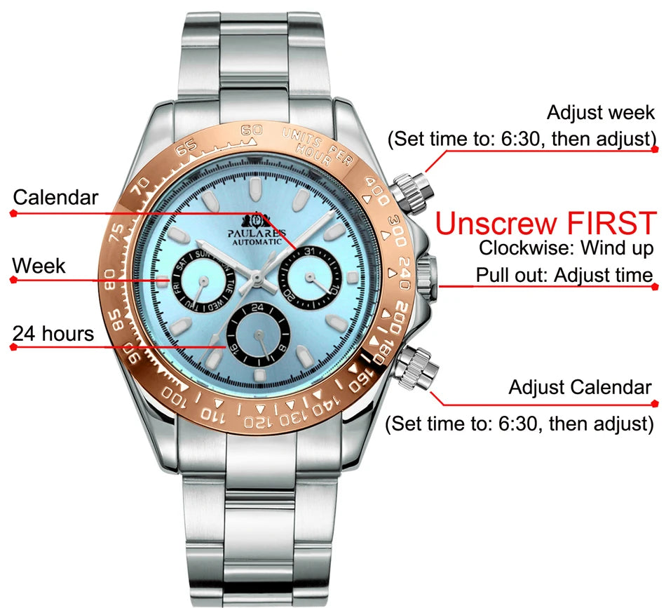 Automatic Watches Self Wind Mechanical Gold Stainless Steel Glacier Ice Blue Dial Chestnut Brown Bezel Luminous Men Watch