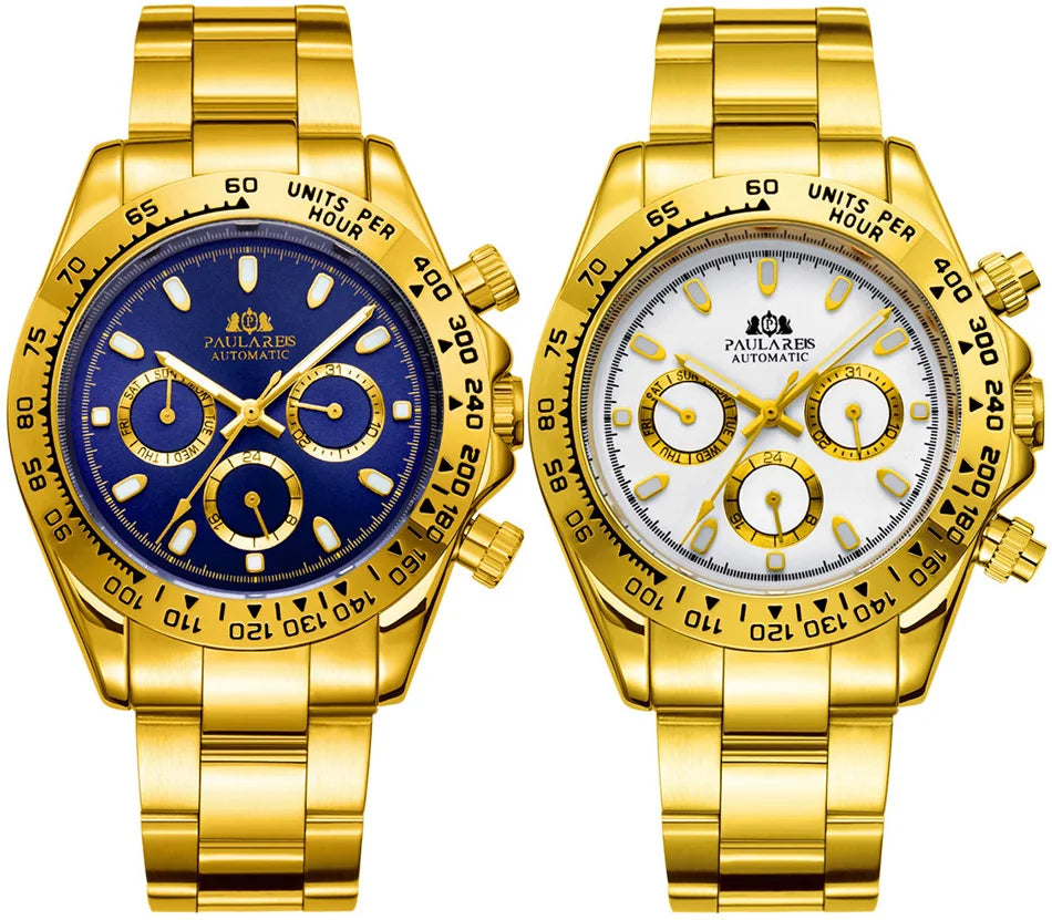 Automatic Watches Self Wind Mechanical Gold Stainless Steel Glacier Ice Blue Dial Chestnut Brown Bezel Luminous Men Watch